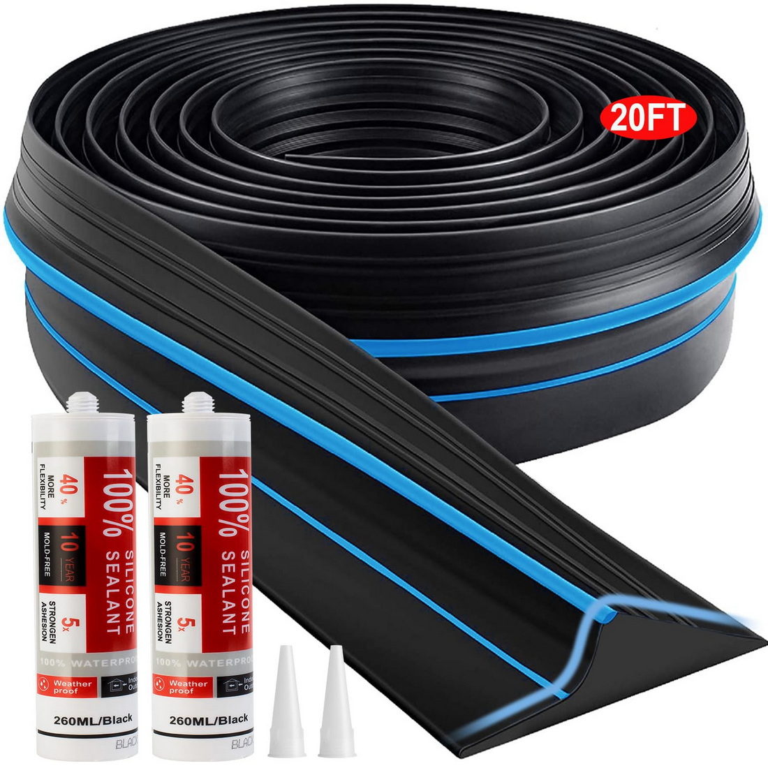 Jin&Bao Universal Garage Door Threshold Seal Strip 20FT Kit, Bottom Waterproof Rubber Weather Stripping ReplacementBlue