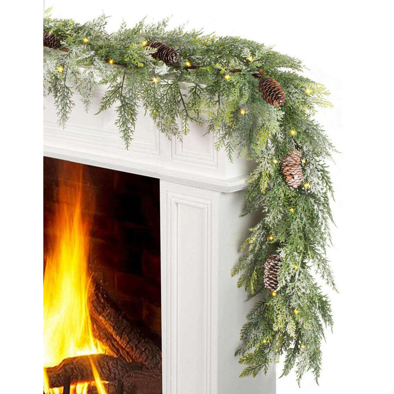 Jin&Bao 6FT Real Touch Christmas Garland with Lights, Cedar Garland Cypress Garland with Snowy Leaves and Pine Cone, Christmas Decorations for Mantel Stairs Table Runner Indoor Winter Decor