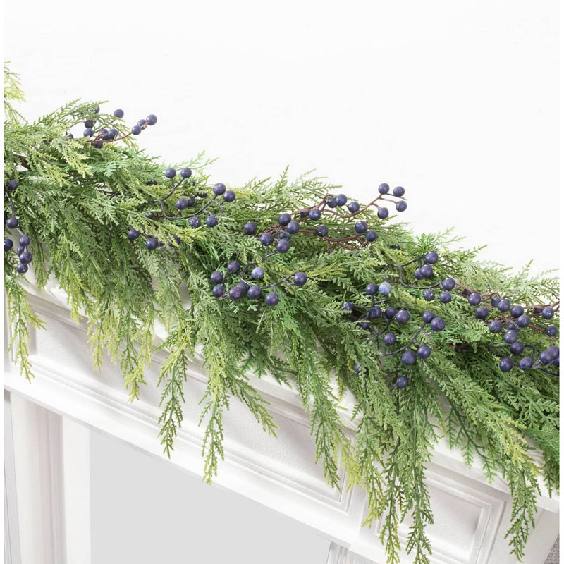 Jin&Bao 6FT Real Touch Christmas Garland with Lights, Cedar Garland Cypress Garland with Dense Pine Leaves and Blueberry, Christmas Decorations for Mantel Stairs Table Runner Indoor Winter Decor