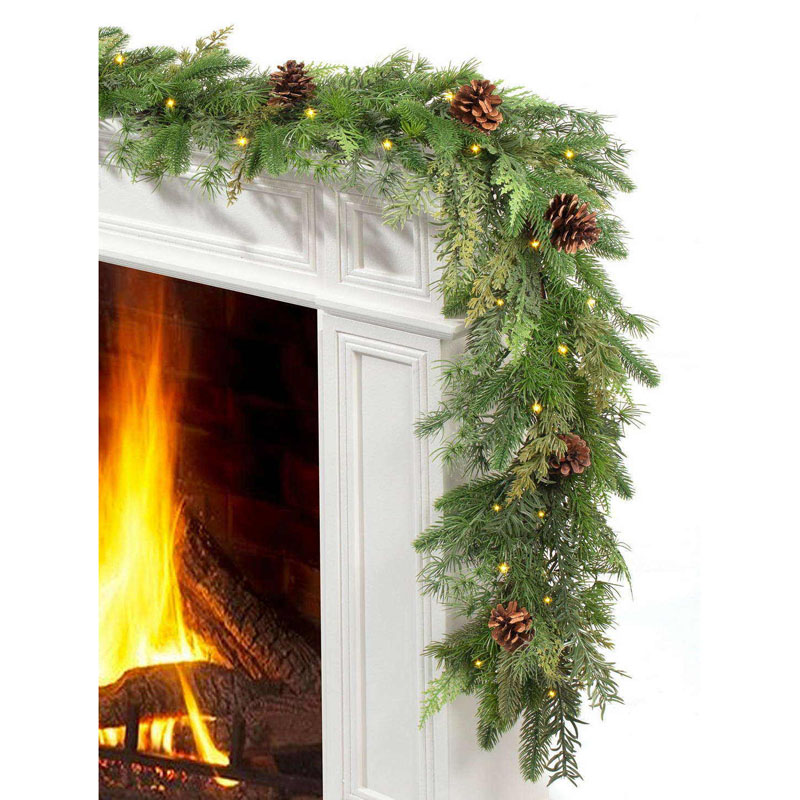 Jin&Bao 6FT Real Touch Christmas Garland with Lights, Cedar Garland Cypress Garland with 5 Types Dense Pine Leaves, Christmas Decorations for Mantel Stairs Table Runner Indoor Winter Decor