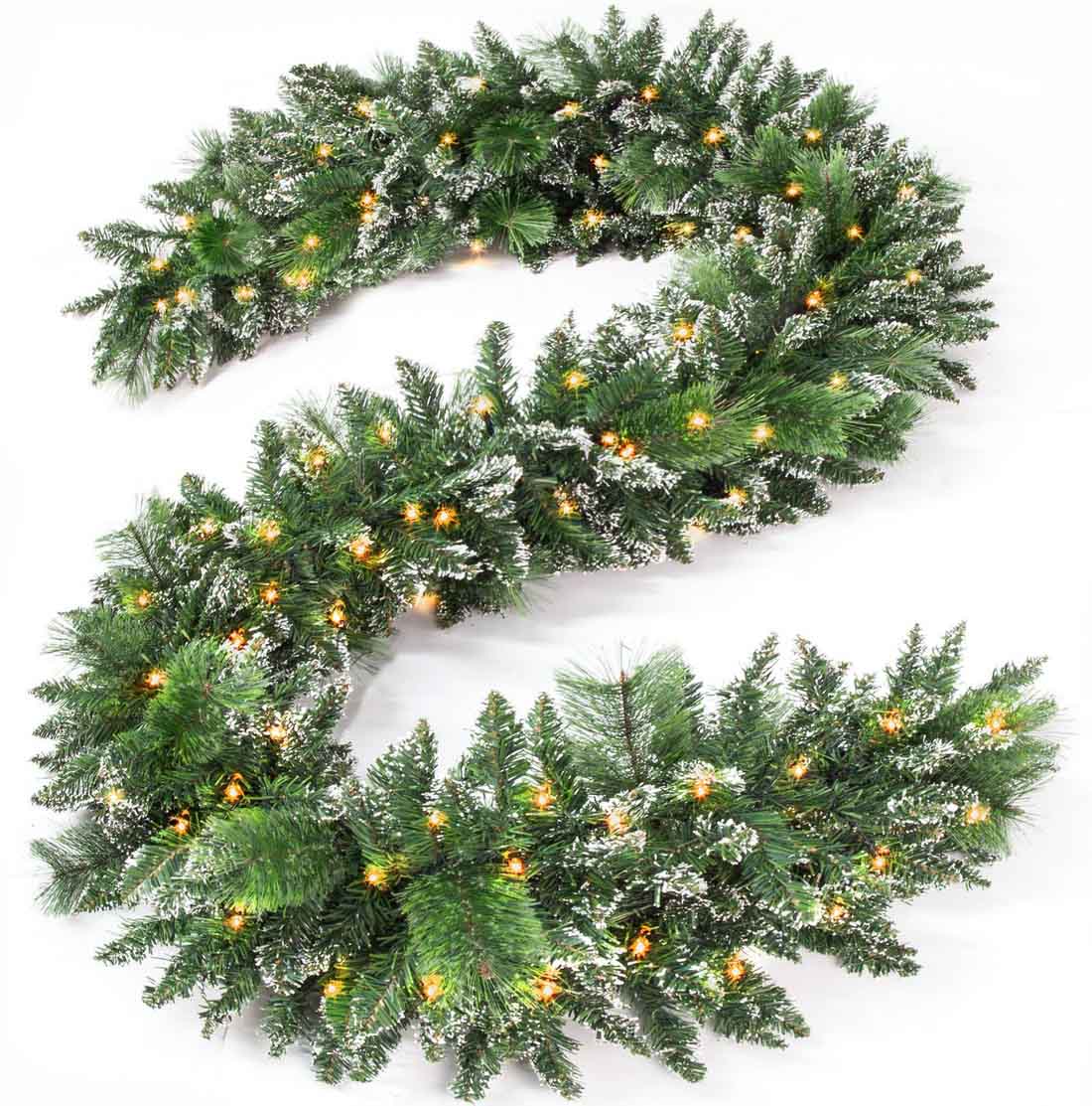 Jin&Bao 9FT Christmas Garland with Lights 100 LED Prelit Pine Needle Snow-White Branches Garland Christmas Decorations with Timer 8 Modes for Mantle Stairs Door Outdoor Decor