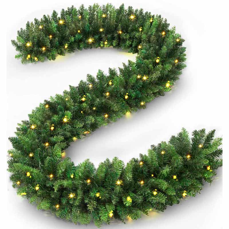 Jin&Bao 9FT Christmas Garland with Lights 100 LED Prelit Green Garland Christmas Decorations with Timer 8 Modes for Mantle Stairs Door Outdoor Decor