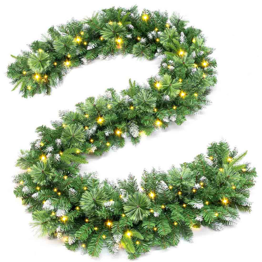 Jin&Bao 9FT Christmas Garland with Lights 100 LED Prelit Pine Needle, Real-Like Tips and Snow Branches Garland Christmas Decorations with Timer 8 Modes for Mantle Stairs Door Outdoor Decor