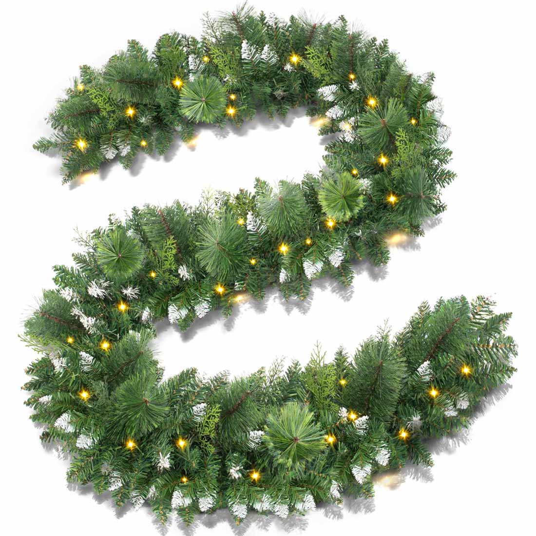 Jin&Bao 9FT Christmas Garland with Lights 100 LED Prelit Pine Needle, Cypress Leaves, Snow Branches Garland Christmas Decorations with Timer 8 Modes for Mantle Stairs Door Outdoor Decor