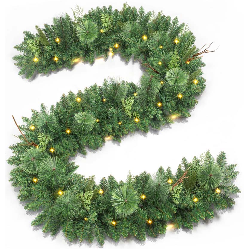 Jin&Bao 9FT Christmas Garland with Lights 100 LED Prelit Pine Needle, Real-Like Tips, Cypress Leaves Garland Christmas Decorations with Timer 8 Modes for Mantle Stairs Door Outdoor Decor