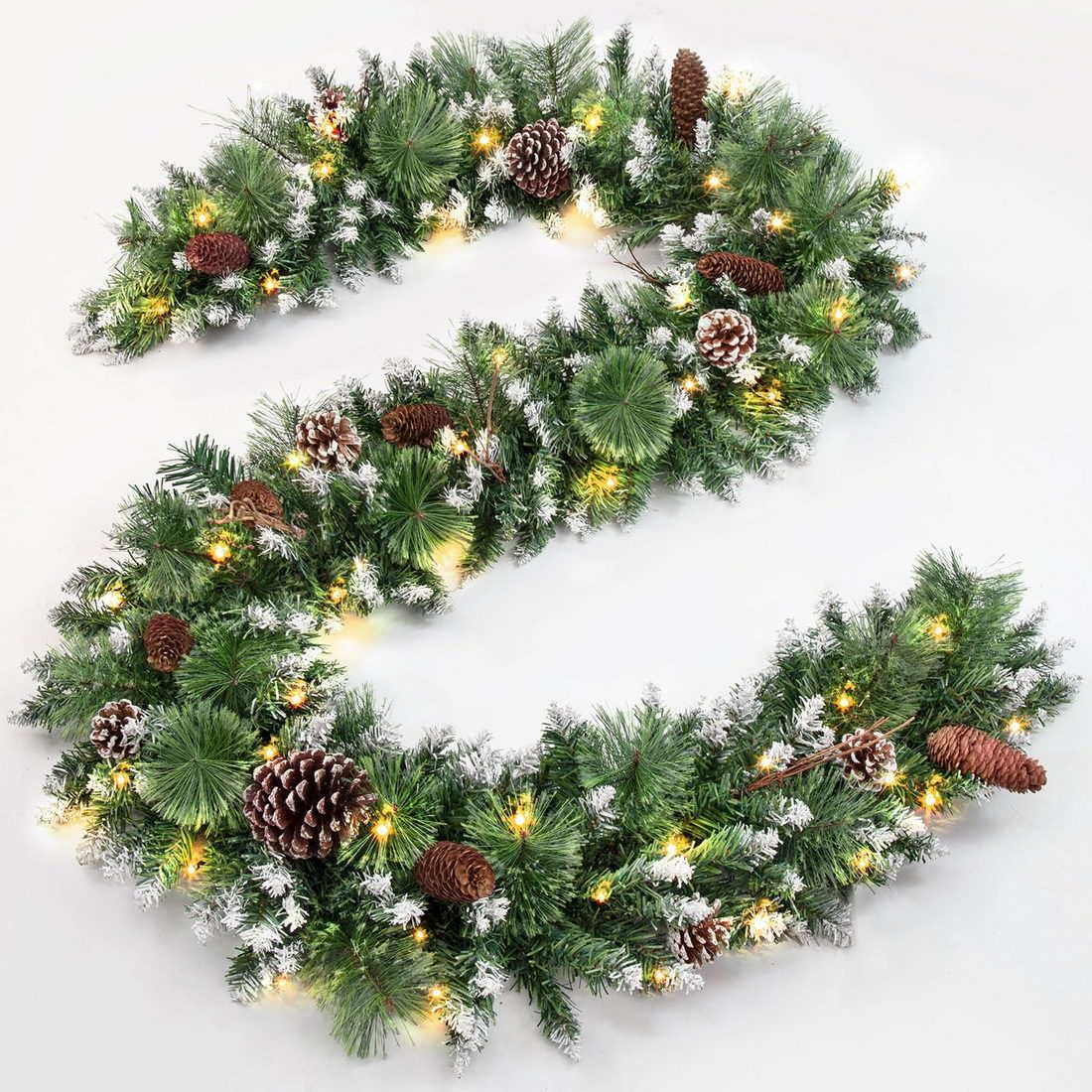 Jin&Bao 9FT Christmas Garland with 100 Lights, Pre-lit Christmas Garlands Xmas Decorations 8 Mode Timer Waterproof with Snowy Large Pine Cones, Long Pine Cones for Mantle Stairs Door Outdoor Decor