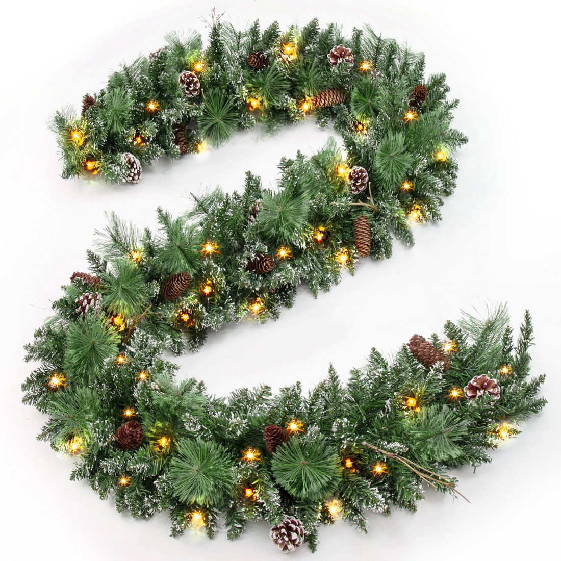 Jin&Bao 9FT Christmas Garland with 100 Lights, Pre-lit Christmas Garlands Xmas Decorations 8 Mode Timer Waterproof with Snowy Pine Cones, Long Pine Cones for Mantle Stairs Door Outdoor Decor