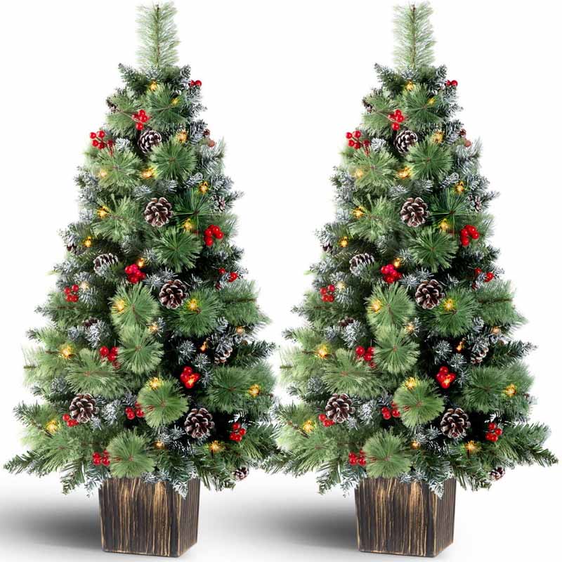 Jin&Bao 4FT Potted Christmas Tree with 100 Lights, Artificial Christmas Tree Outdoor Decor 8 Mode Timer Waterproof with Round Pine Cones & Red Berries for Front Door, Porch, 1 Pack